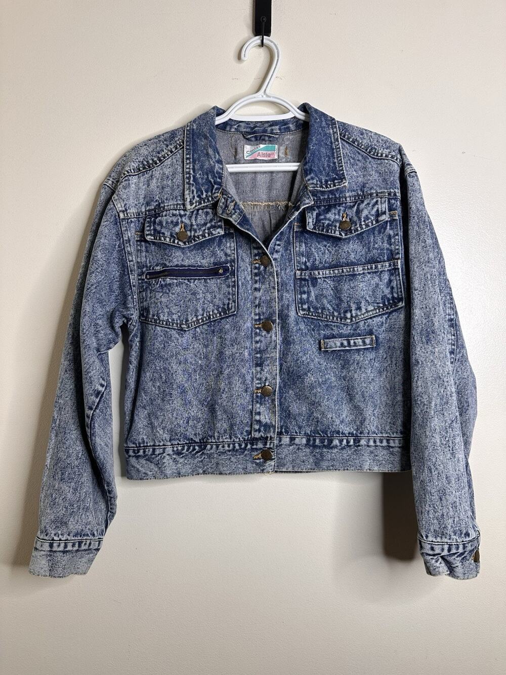 Vintage 90s MD Center Aisle Acid Wash Denim Jacket Moto Style Zip Close Pockets
